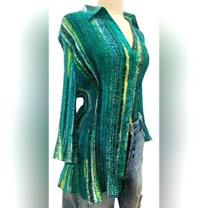 MAGGIE BARNES PLUS SIZE Bohemian Teal and Yellow Striped Blouse